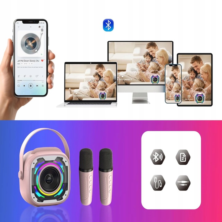 BEZPRZEWODOWY ZESTAW DO KARAOKE GŁOŚNIK BLUETOOTH + 2 MIKROFONY NA PREZENT