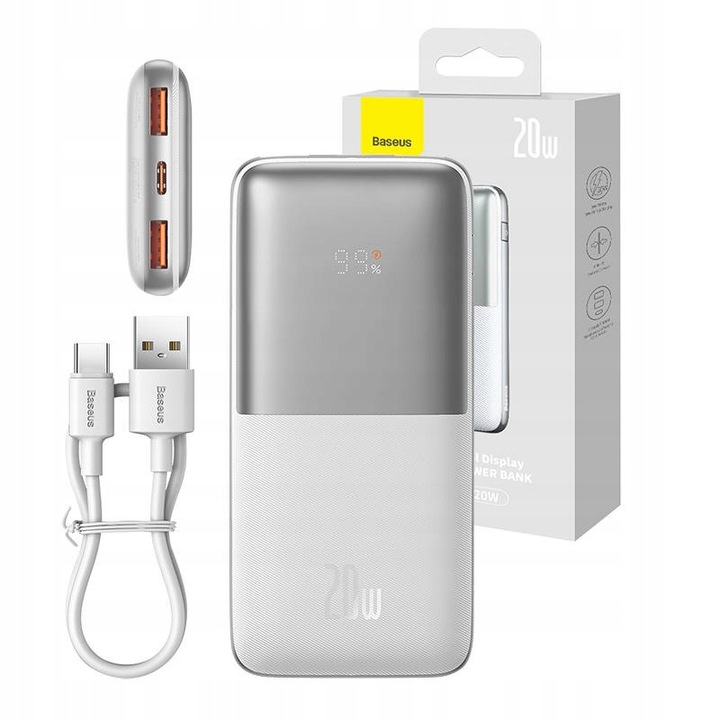 BASEUS PODRÓŻNY POWER BANK 10000 MAH 2X USB USB-C 20W QC 3.0 Z KABLEM USB