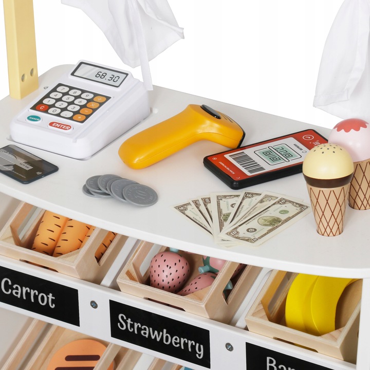 DREWNIANY STRAGAN TEATRZYK MINI MARKET SKLEP WARZYWNIAK Z AKCESORIAMI