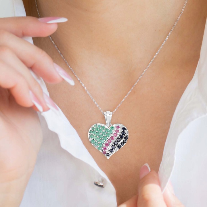 SREBRNY WISIOREK SERCE SZMARAGD RUBIN SZAFIR