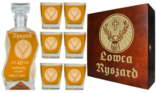 KARAFKA + 6 SZKLANEK DO WHISKY W PUDEŁKU Z GRAWEREM PREZENT DLA MYŚLIWEGO