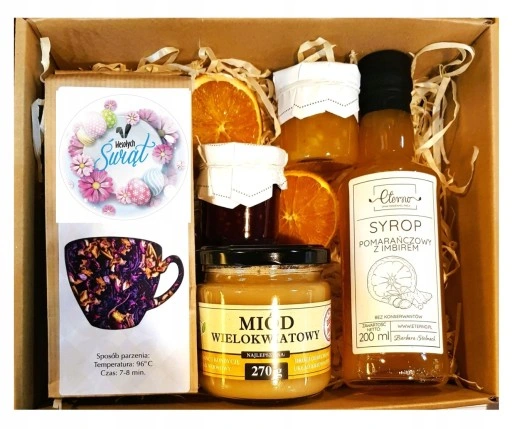 KOSZ ZESTAW PREZENTOWY PREZENT HERBATA MIÓD KONFITURA NA ŚWIĘTA WIELKANOC