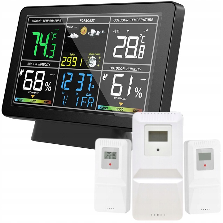 STACJA POGODY BEZPRZEWODOWA HIGROMETR TERMOMETR CIŚNIENIE 3 CZUJNIKI hPa