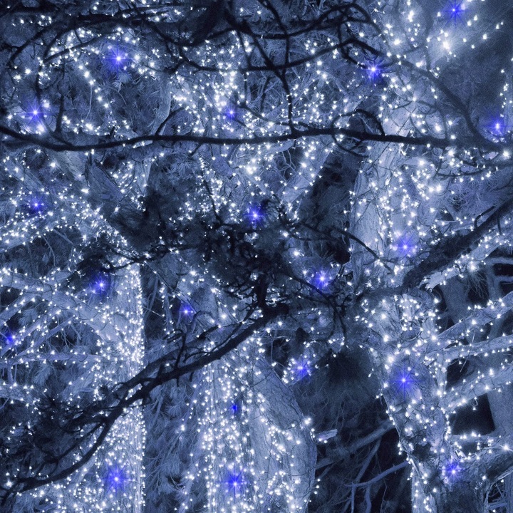 LAMPKI CHOINKOWE 300LED 24m zewnętrzne GRUBE ZIMNE BIAŁE + NIEBIESKI FLASH