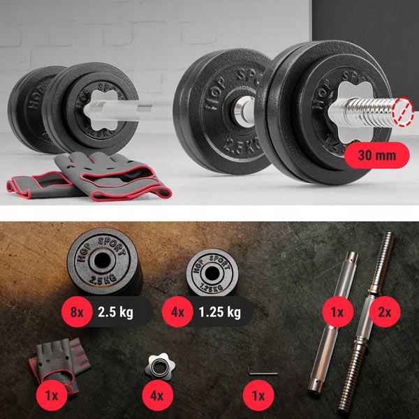 Hantle żeliwne 2x15kg zestaw z przedłużanym gryfem ryflowanym + zaciski