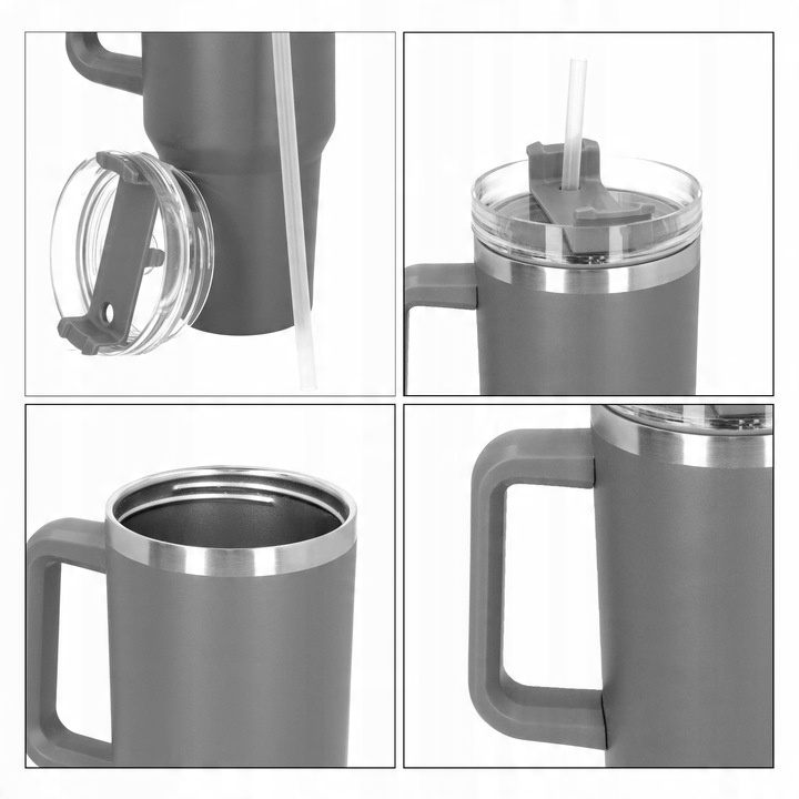 Kubek termiczny ze słomką próżniowy na kawę herbatę szary duży 1,2l