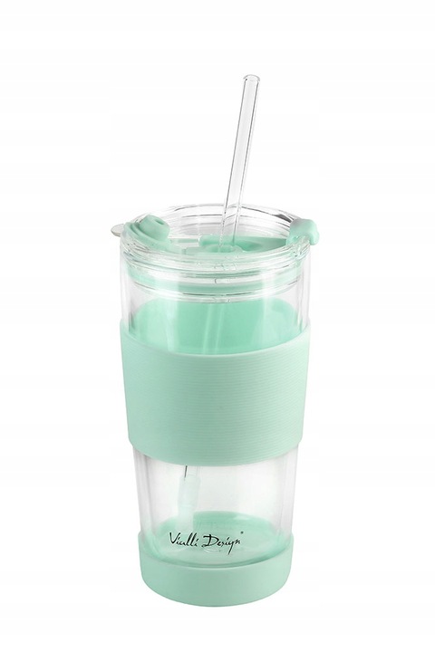 Szklany kubek do kawy ze słomką Vialli Design FUORI 600ml 30428 (miętowy)