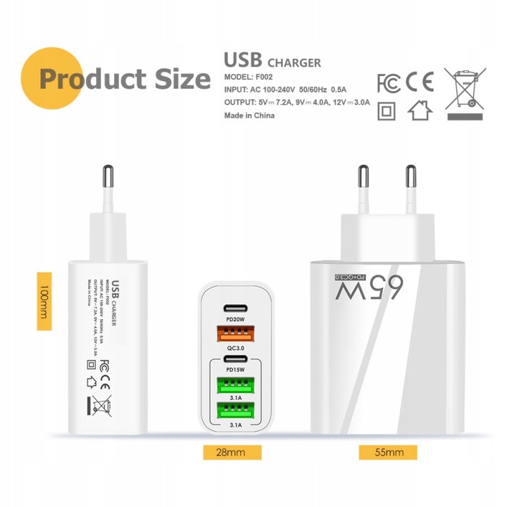 65W SZYBKA ŁADOWARKA SIECIOWA - 2x USB-C PowerDelivery 3x USB-A QC 3.0