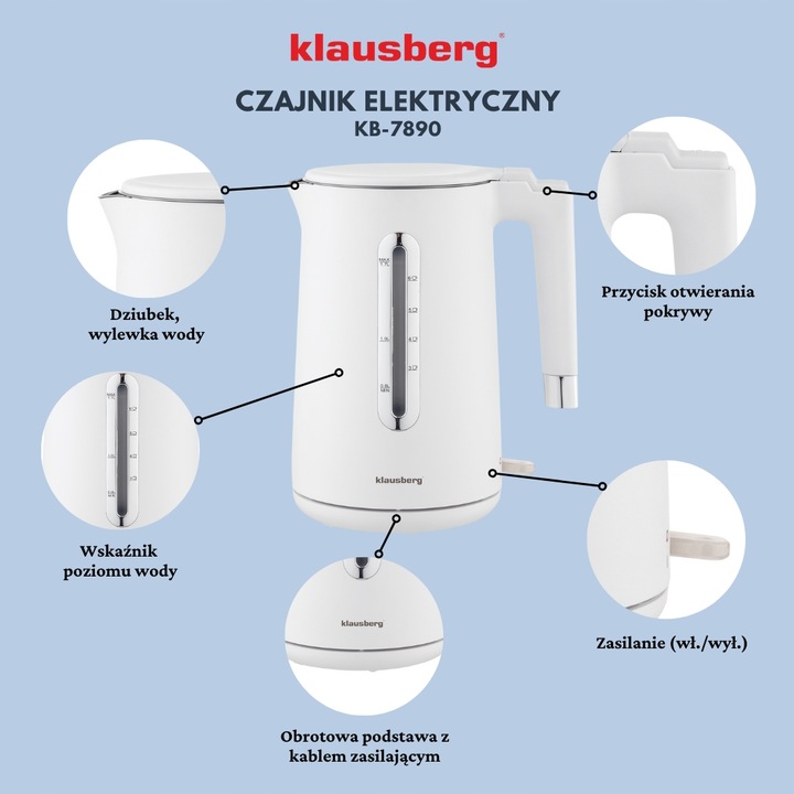 Czajnik elektryczny Klausberg KB-7890 1.7L stal 304 biały filtr 2200W