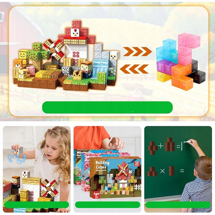 KLOCKI MAGNETYCZNE KLOCKI SZEŚCIANY FARMA 150 KLOCKÓW PIKSELE DLA DZIECI