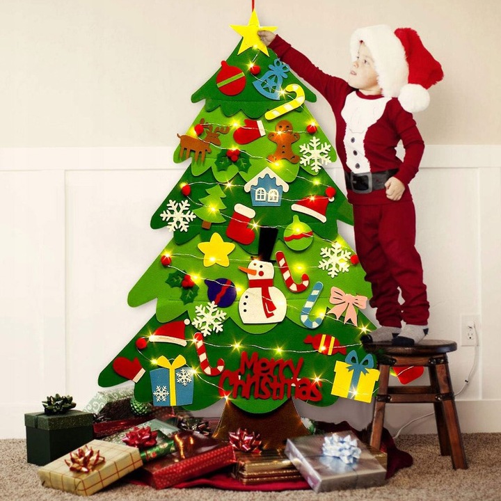 CHOINKA FILCOWA NA RZEPY Z OZDOBAMI DLA DZIECI ŚWIATEŁKA 50 LED NA ŚCIANĘ