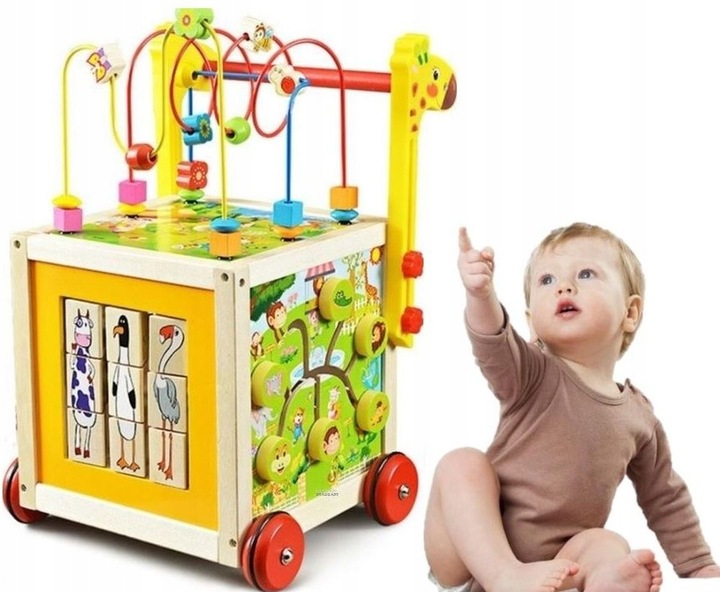 DUŻY DREWNIANY CHODZIK PCHACZ KOSTKA EDUKACYJNA 7w1 MONTESSORI + MULA