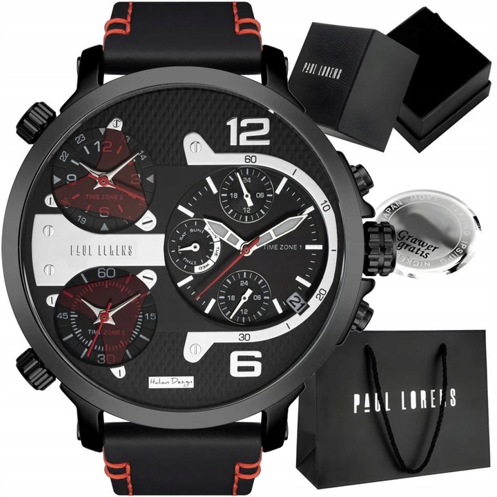 Duży zegarek męski Paul Lorens TEZERT multidatownik + strefy czasowe GRAWER
