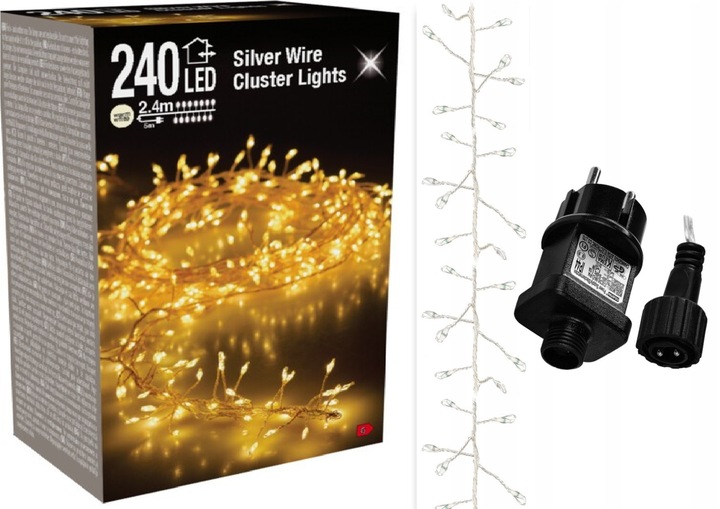 Lampki choinkowe 240 LED biały ciepły 2,4 metra CLUSTER RYŻ SREBRNY DRUCIK