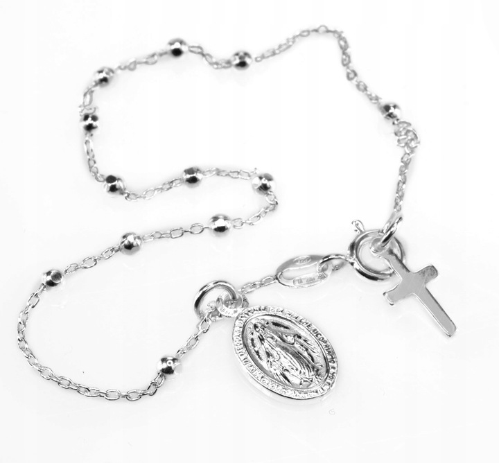 Bransoletka srebrna na rękę różaniec krzyżyk medalik srebro na komunię
