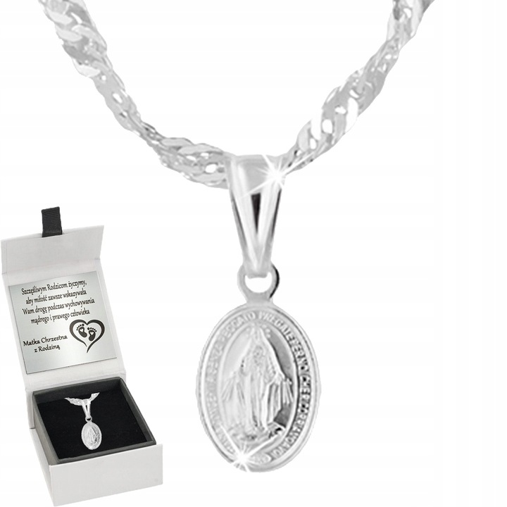 Łańcuszek srebrny medalik komunijny Matka Boska na Komunię na Chrzest