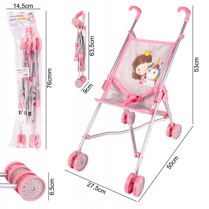 WÓZEK DLA LALEK LEKKI SKŁADANY PARASOLKA SPACERÓWKA JEDNOROŻEC KSIĘŻNICZKA