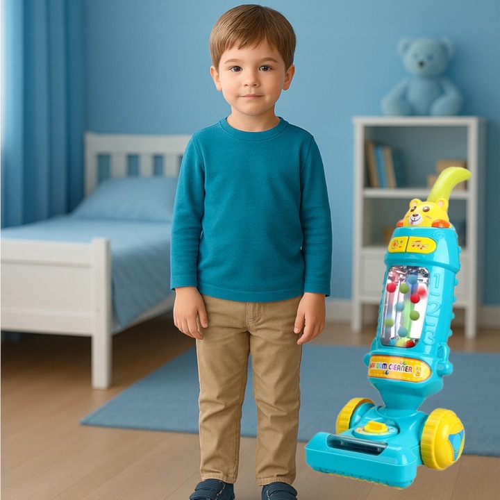 DUŻY ODKURZACZ RĘCZNY PIONOWY dla dzieci INTERAKTYWNY EDUKACYJNY LED MUZYKA