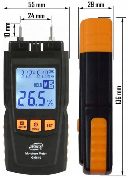 WILGOTNOŚCIOMIERZ MIERNIK WILGOTNOŚCI DO DREWNA 4 GRUPY POMIARU 9V+ BATERIE