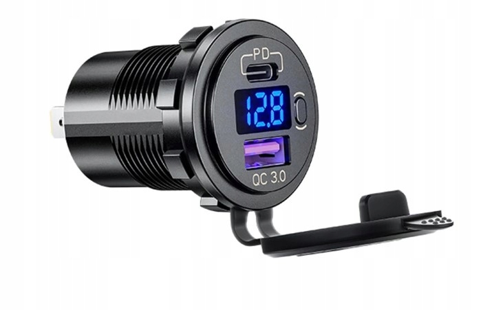 ŁADOWARKA SAMOCHODOWA USB QC3.0 + PD USB C WOLTOMIERZ PRZYCISK ON/OFF
