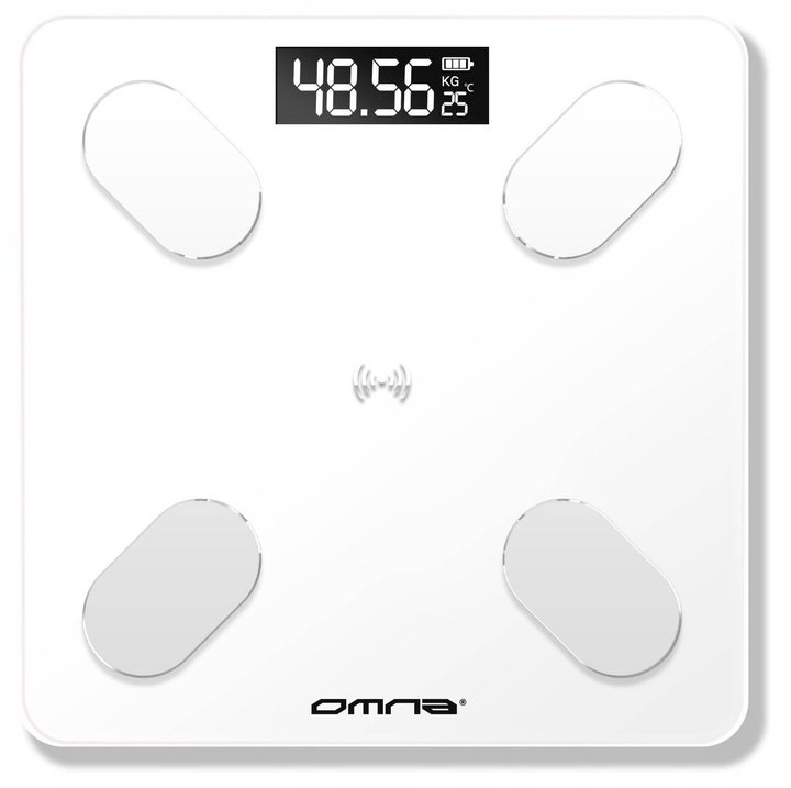 Inteligentna waga łazienkowa smart szklana OMNA aplikacja, miarka i baterie