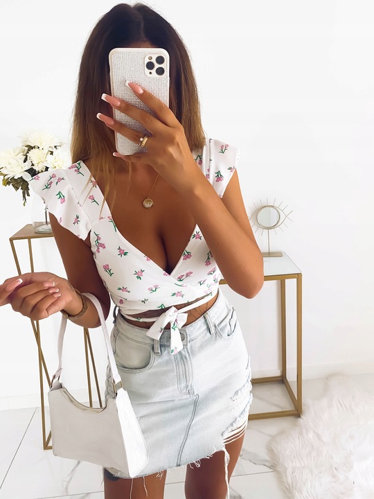 BLUZKA TOP MODNA STYLOWA KWIATY KOPERTOWY DEKOLT WIĄZANIE WZÓR 3 S/M BYSISI