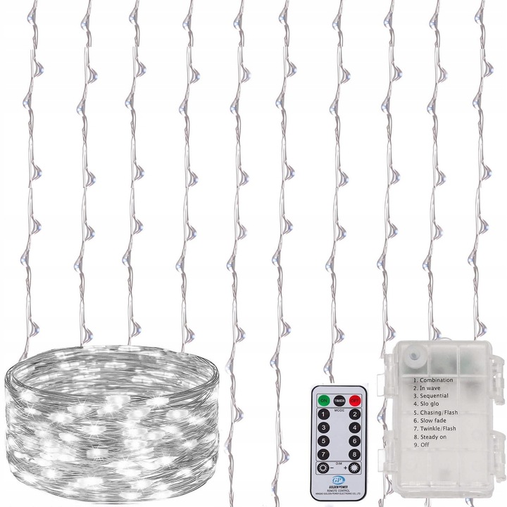 KURTYNA ŚWIETLNA NA BATERIE 300 LED LAMPKI 3x3M 8 FUNKCJI ZIMNE ŚWIATŁO