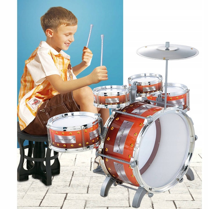 DUŻA PERKUSJA 5 BĘBNOWA KRZESEŁKO DLA DZIECKA BĘBNY TALERZE INSTRUMNET