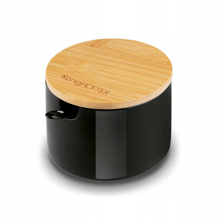 Czarna CUKIERNICA +ŁYŻECZKA pojemnik na CUKIER z bambusową POKRYWKĄ 350ml