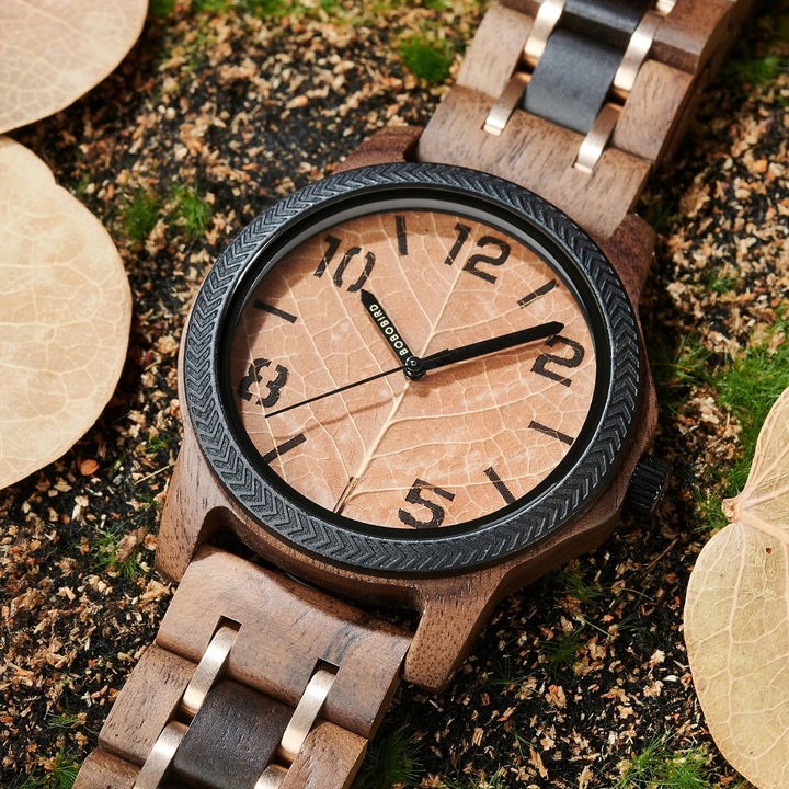 DREWNIANY ZEGAREK MĘSKI BOBO BIRD T155-4 ELEGANCKI BRANSOLETA TARCZA LIŚĆ