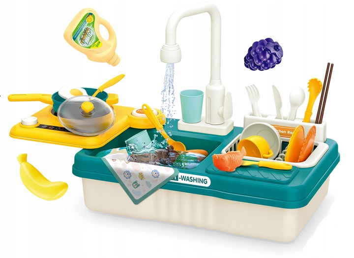 ZLEW ZLEWOZMYWAK kuchenka kuchnia dla dzieci palnik kran z wodą GARNKI 31el
