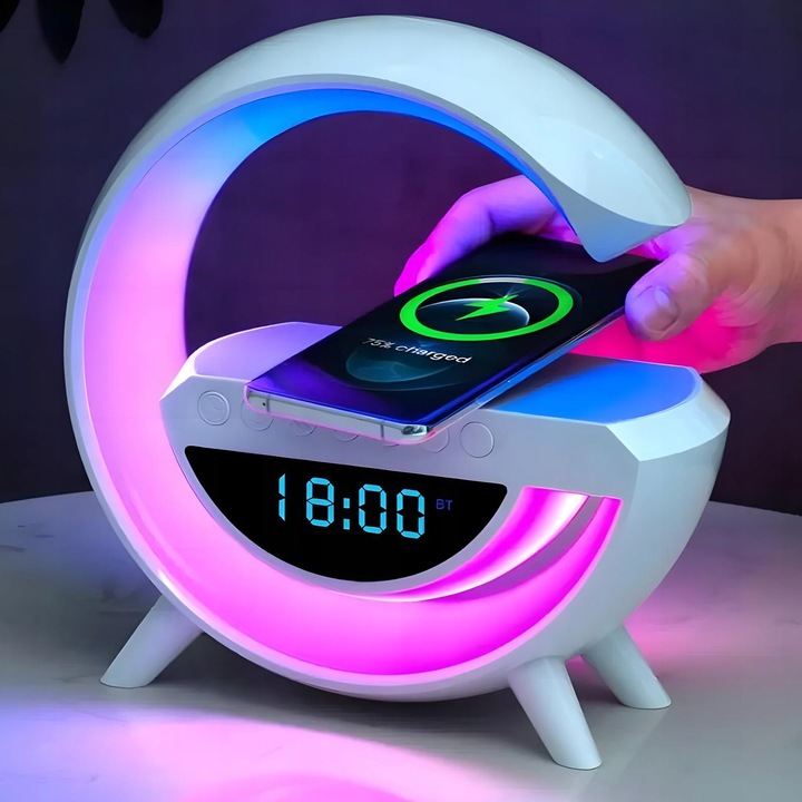 Lampka nocna biurkowa 6w1 | Zegar | Budzik | Radio | Ładowarka | Głośnik