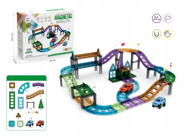 KLOCKI MAGNETYCZNE DLA DZIECI EDUKACYJNE PANELE KOLEJKA TOR + 2 AUTKA 59 EL