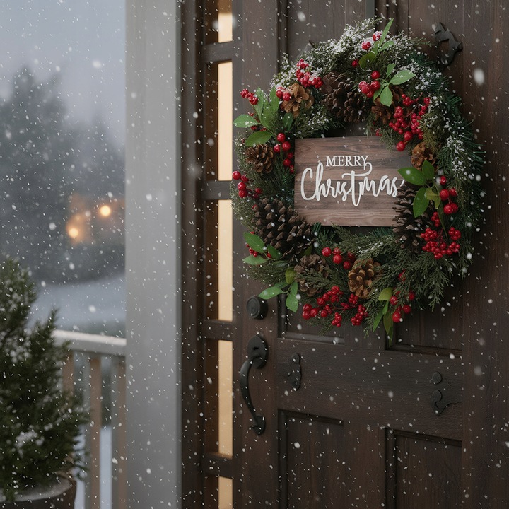 WIANEK WIENIEC DEKORACYJNY ŚWIĄTECZNY OZDOBA NA DRZWI STROIK CZERWONY 50CM