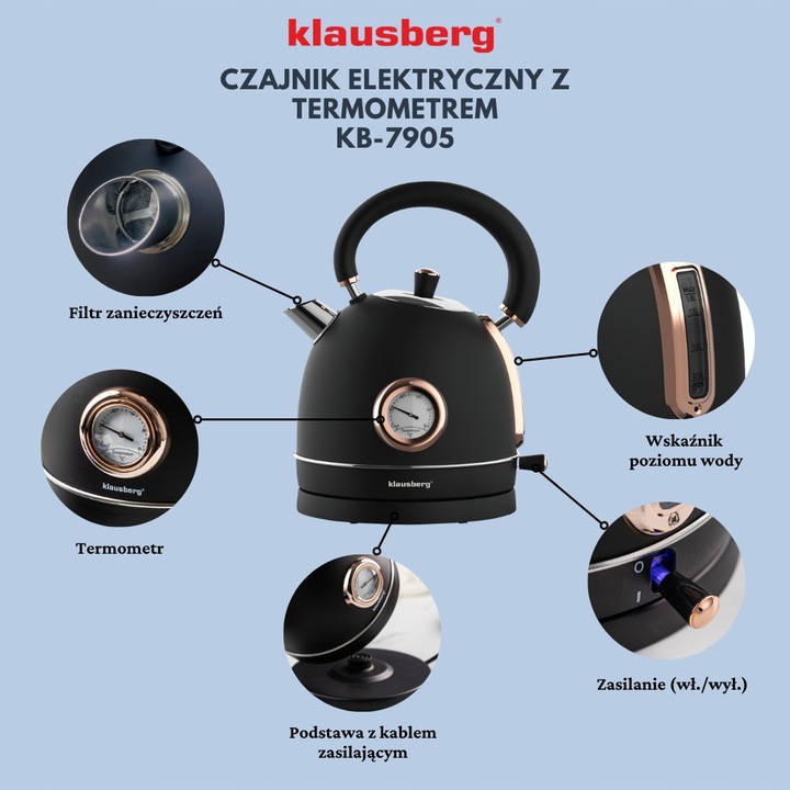 Czajnik elektryczny 1.8L z Termometrem RETRO Klausberg KB-7905 2200W Czarny