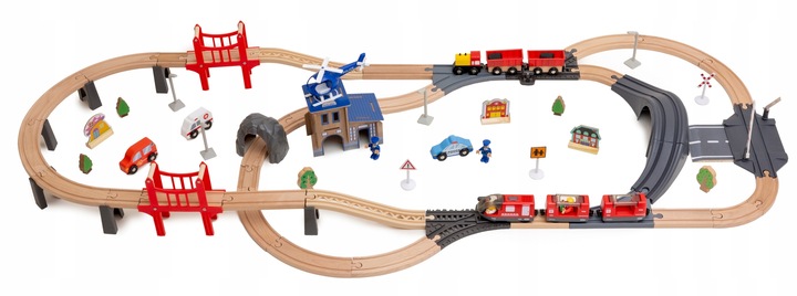 Drewniana Kolejka Elektryczna POCIĄG NA BATERIE x2 WAGONY TUNEL TOR Dźwięk