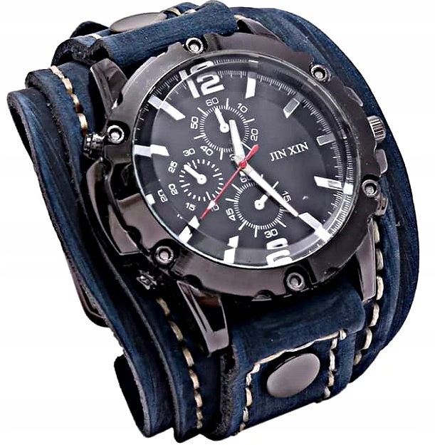 Czarny zegarek męski skórzany szeroki pasek retro casual duża tarcza MD