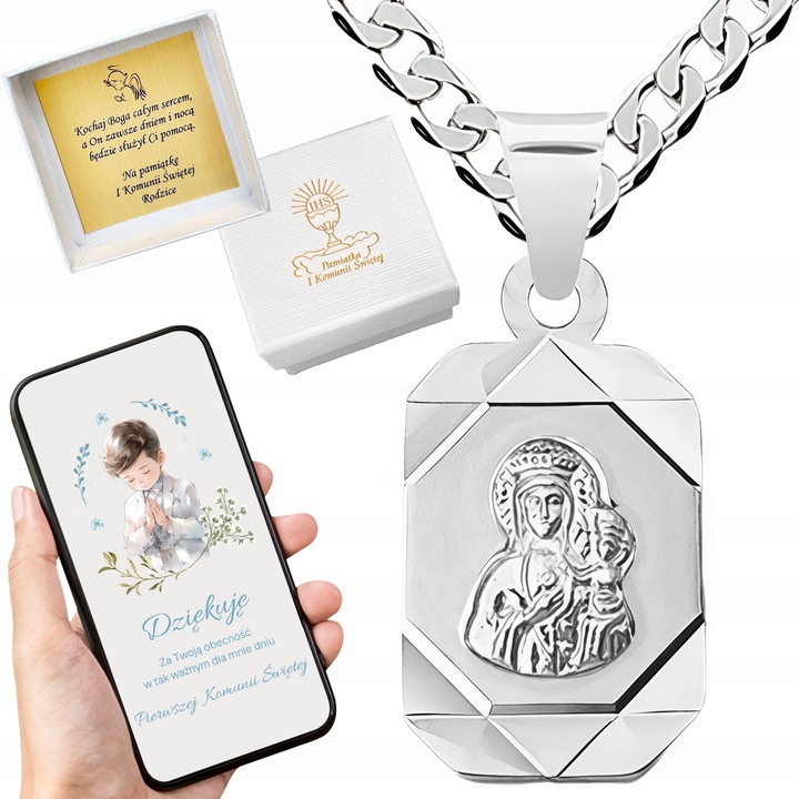 Łańcuszek srebrny Medalik komunijny MATKA BOSKA na Komunię czy Chrzest 45cm