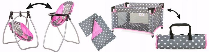 ZESTAW dla lalek ŁÓŻECZKO + KRZESEŁKO DO KARMIENIA + HUŚTAWKA dla lalki