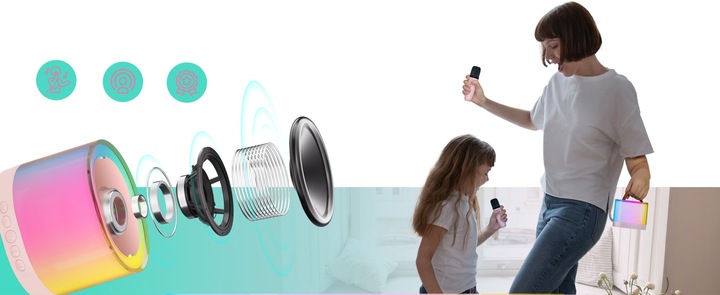 GŁOŚNIK DO KARAOKE RGB BLUETOOTH 2 MIKROFONY ZESTAW