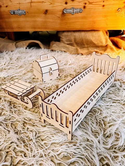 ZESTAW MEBLI DLA ELFA PSOTNIKA ŁÓŻKO SKRZYNIA SANIE DREWNO