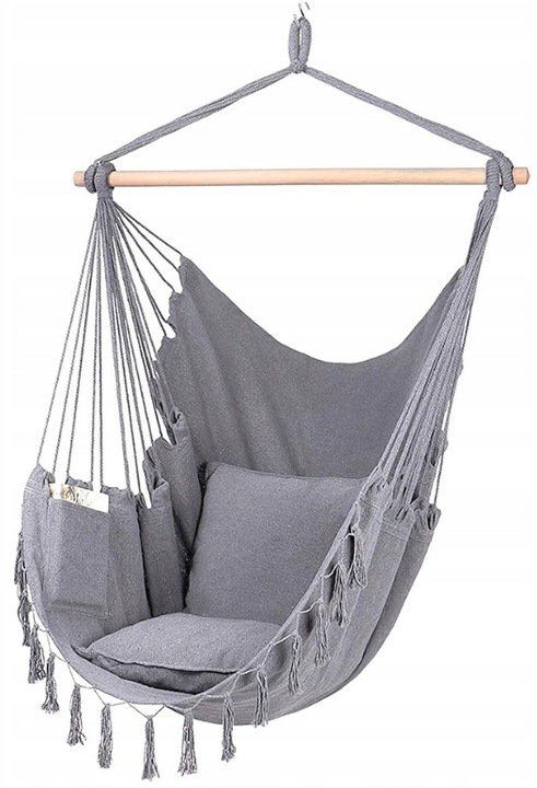 KRZESŁO BRAZYLIJSKIE FOTEL WISZĄCY HAMAK HUŚTAWKA JASNY SZARY Z PODUSZKAMI