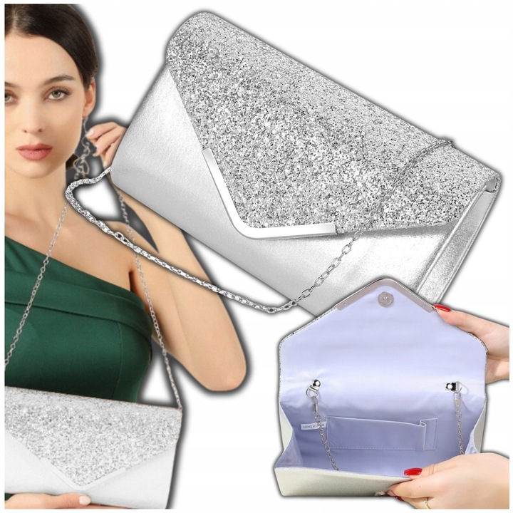 Srebrna Torebka Kopertówka Błyszcząca Wizytowa Damska portfel łańcuszek