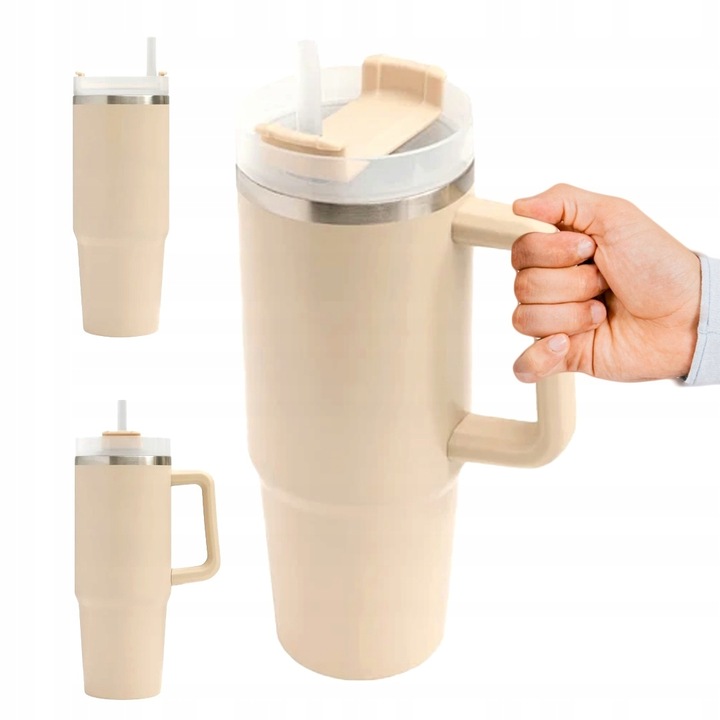 KUBEK TERMICZNY z Uchwytem i Słomką SZCZELNY 900 ml do AUTA STAL Nierdzewna