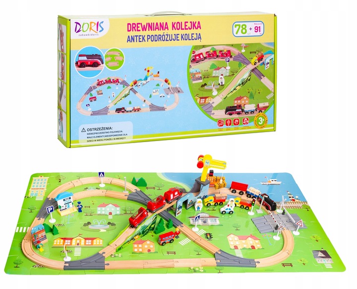 OGROMNA DREWNIANA KOLEJKA ELEKTRYCZNA 2x POCIĄG na baterie TOR MIASTO DŹWIG