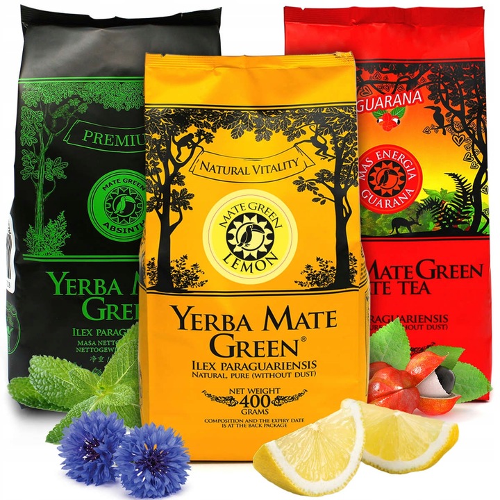 Zestaw Yerba Mate Green Owocowe Lemon Guarana Absinth najlepsze orginal x 3