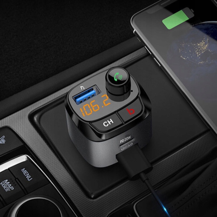 NAJMOCNIEJSZY Transmiter bluetooth FM samochodowy ładowarka 36W QC3.0 USB-C