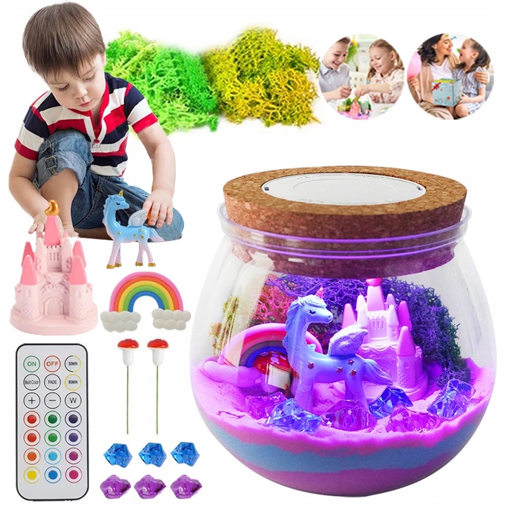 ZESTAW KREATYWNY JEDNOROŻEC MAGICZNE TERRARIUM AKWA DIY LAMPKA LED KRYSZTAŁ