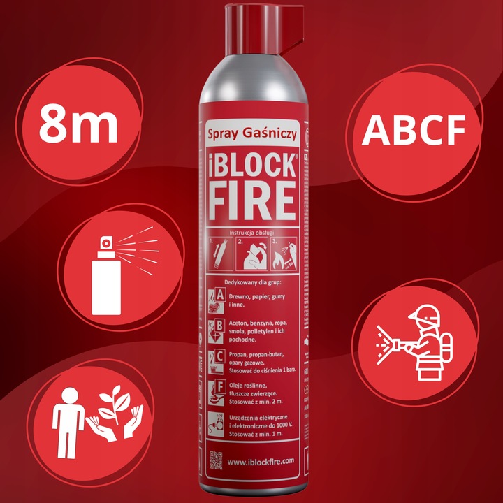 GAŚNICA iBlockFIRE ABCF+E 0,6L. 100%BIO SPRAY GAŚNICZY iBlockFIRE ZASIĘG 8M