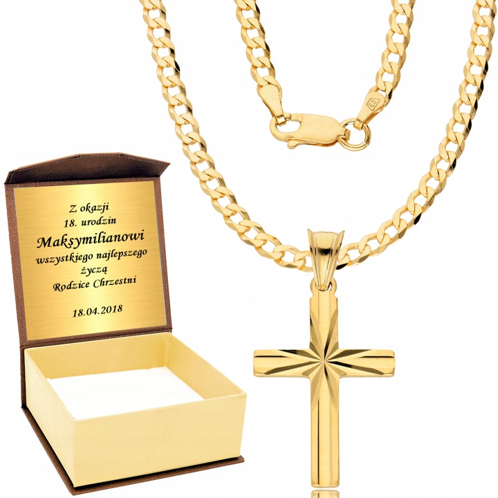 Złoty Łańcuszek 925/585 Męski Pełny Pancerka z Krzyżykiem Grawer